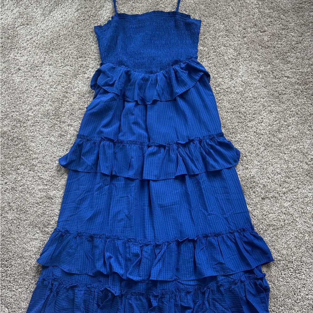 Women’s Blue Smocked Tiered Maxi Dress Spaghetti Strap Spring Size Medium NWT - Picture 3 of 11